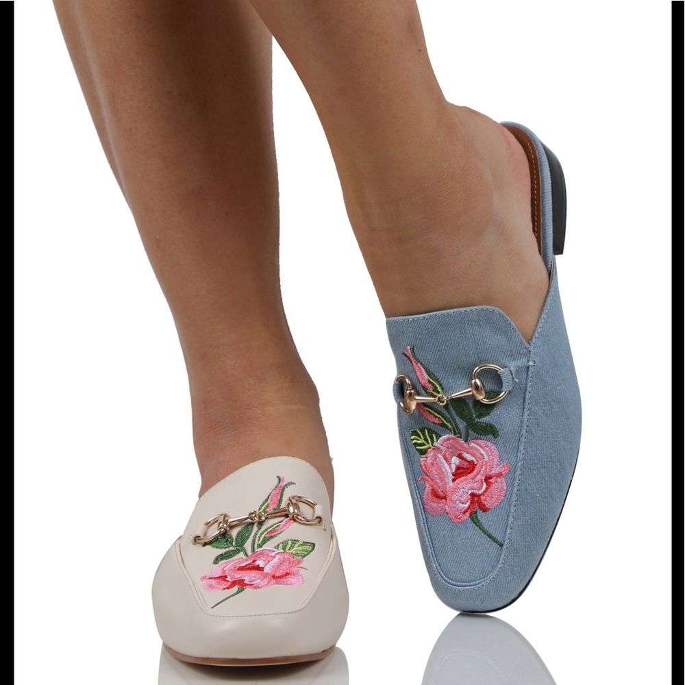 Denim blue Floral Embroidered Slip on Mules - Picture 6 of 7